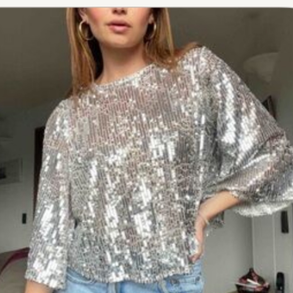 NWT Zara Silver Sequins Disco Blouse